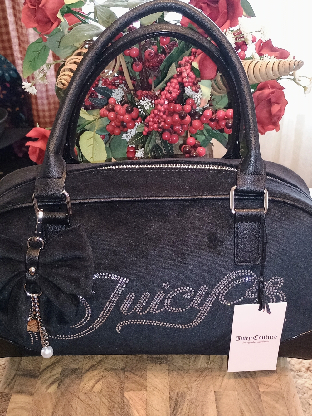 Juicy Couture Black Crystal-Logo Bow Satchel with Pearl Charm